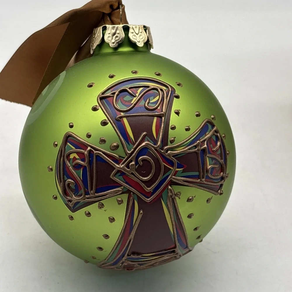 Glass Ornament Christmas Cross Green Glory Haus Brushfire Designs Curl Cross NIB - Picture 2 of 9